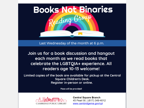 Event image for [CANCELED] [GROUP FULL] Books Not Binaries Reading Group (Central Square)