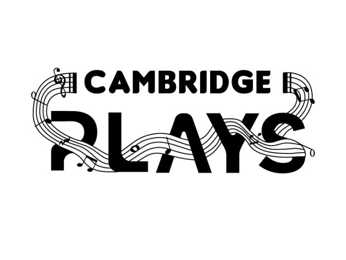 Black and white image of the words "Cambridge Plays" with a music score wrapped around the letters