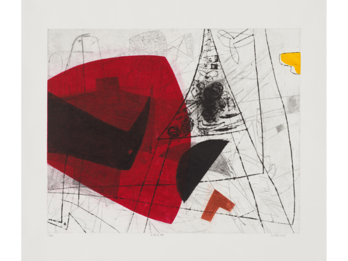 An abstract print featuring intersecting black lines and a bright red shape with two overlapping smaller black forms.
