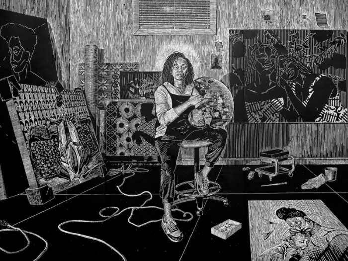 A black and white print portrays a female artist sitting in her studio, surrounded by her paintings, prints, and tools.