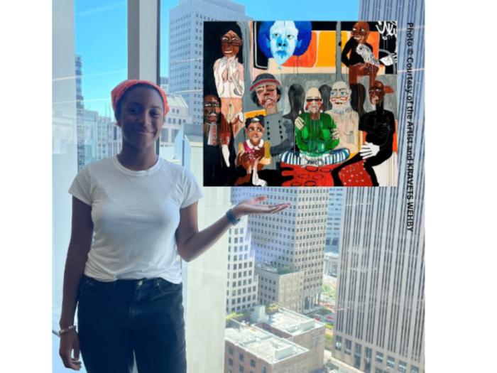 In this photomontage, a smiling young woman in a T-shirt and jeans stands by the window of a tall building, gesturing toward a contemporary painting that appears to be floating. With bright colors and drippy brushwork, the painting represents multiple people on the subway.