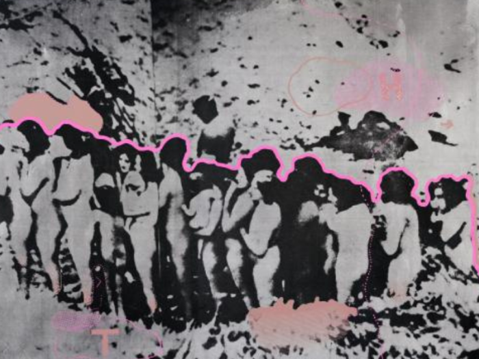 A group of women and children are depicted standing together and are outlined by vibrant pink colors.
