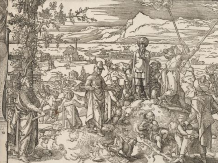 A woodcut showing a large group of people outside celebrating on and around a small hill. A female caryatid, or column, is at left.