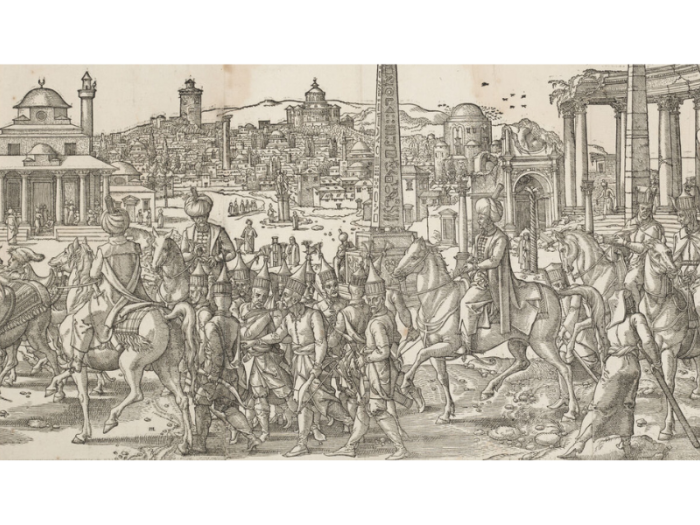 This detail from a print shows a crowded procession of men walking and on horseback.