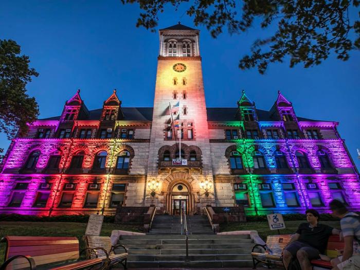 cambridge city hall with rainbow lights