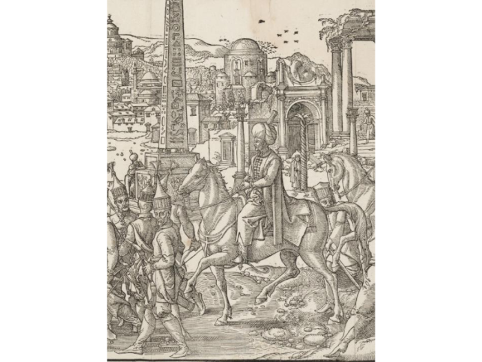 A procession of an Ottoman sultan on horseback, accompanied by soldiers on foot and on horseback.