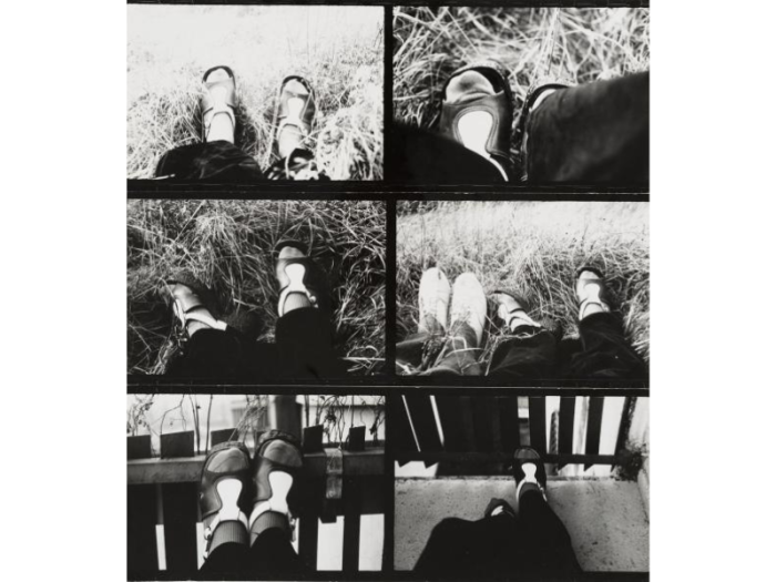 Six black and white photographs of feet on grass, fences, or hard floors.