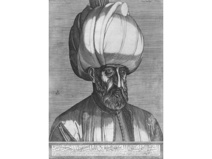 An engraved bust portrait of a sultan wearing a large white turban cut off at the top.