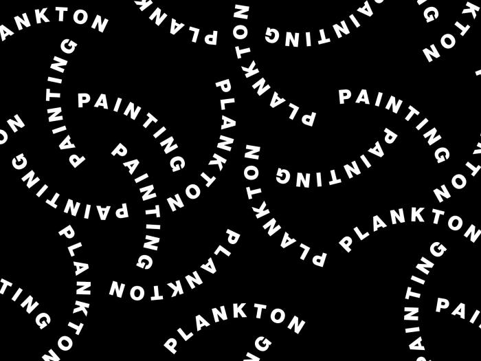 A black background with the words "plankton painting" in all caps written in white, arranged in a repeating, spiral pattern. The text curves and overlaps, creating a dynamic and visually engaging design.