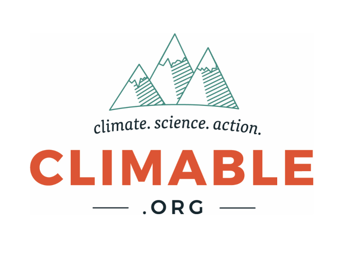 This image is Climable's logo which shows mountain outlines in blue-green above the tagline, "climate. science. action," written in black, italic letters. Below this is the word Climable in red-orange block letters, followed by ".org" on the next line. 