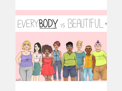 Illustration of a group of people with a variety of body shapes, sizes, races, genders, and clothing styles with handwritten text stating, "Every Body is Beautiful".