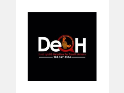 DeQH Logo: Desi LGBTQ+ Helpline for South Asians, 908-367-3374.