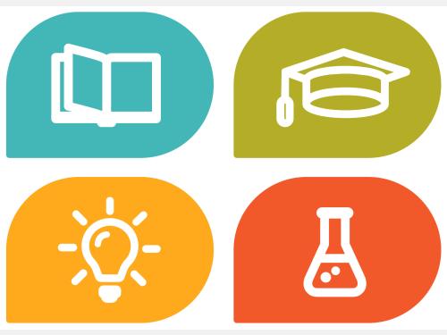 image displays icons of a book, graduation cap, lightbulb, and a beaker.